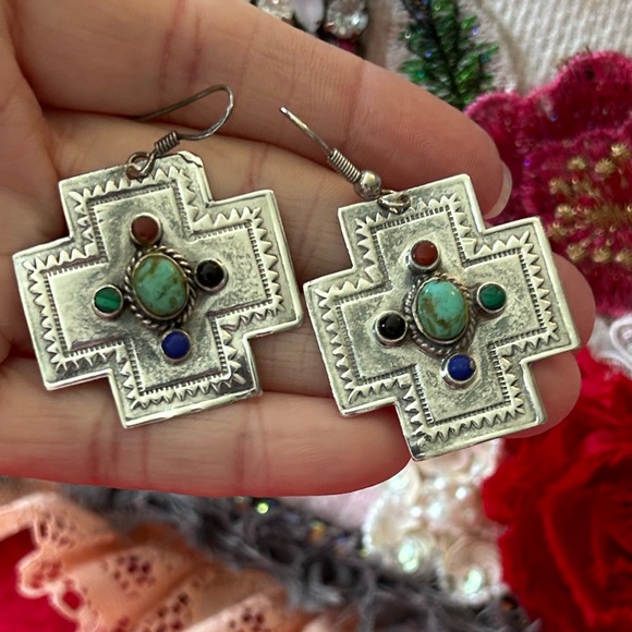 Sterling Silver Navajo Cross Vintage Earrings - Picture 4 of 5
